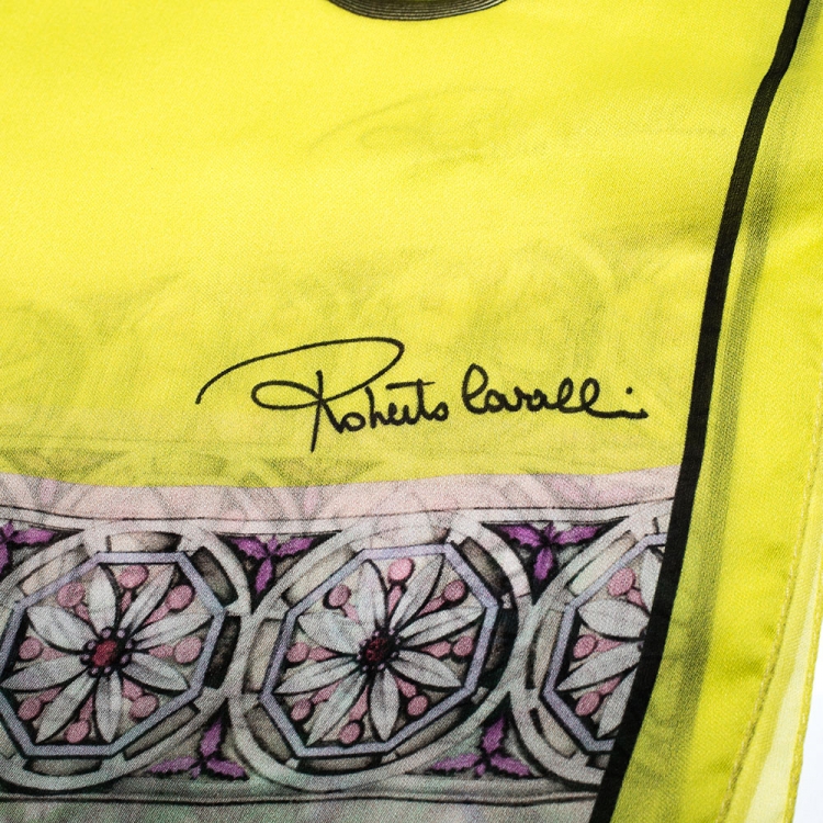 Pre Owned Roberto Cavalli Yellow Abstract Printed Silk Scarf