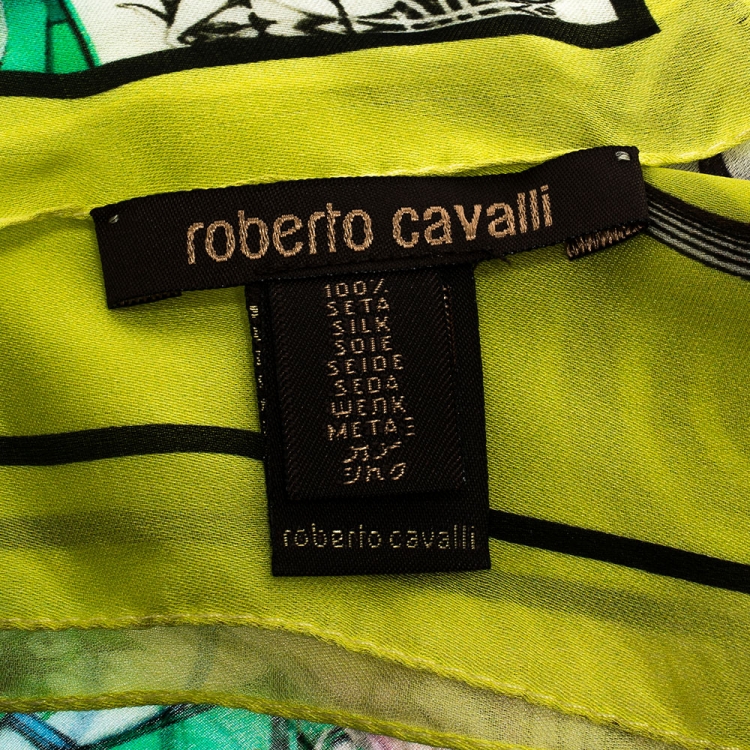 Pre Owned Roberto Cavalli Yellow Abstract Printed Silk Scarf