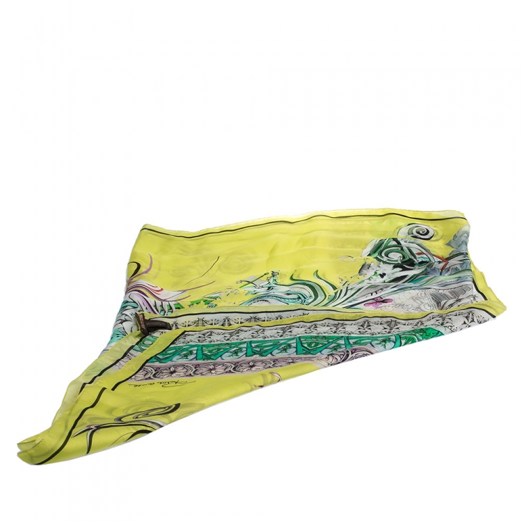 Pre Owned Roberto Cavalli Yellow Abstract Printed Silk Scarf
