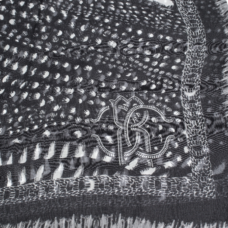 Pre Owned Roberto Cavalli Monochrome Printed Silk Scarf