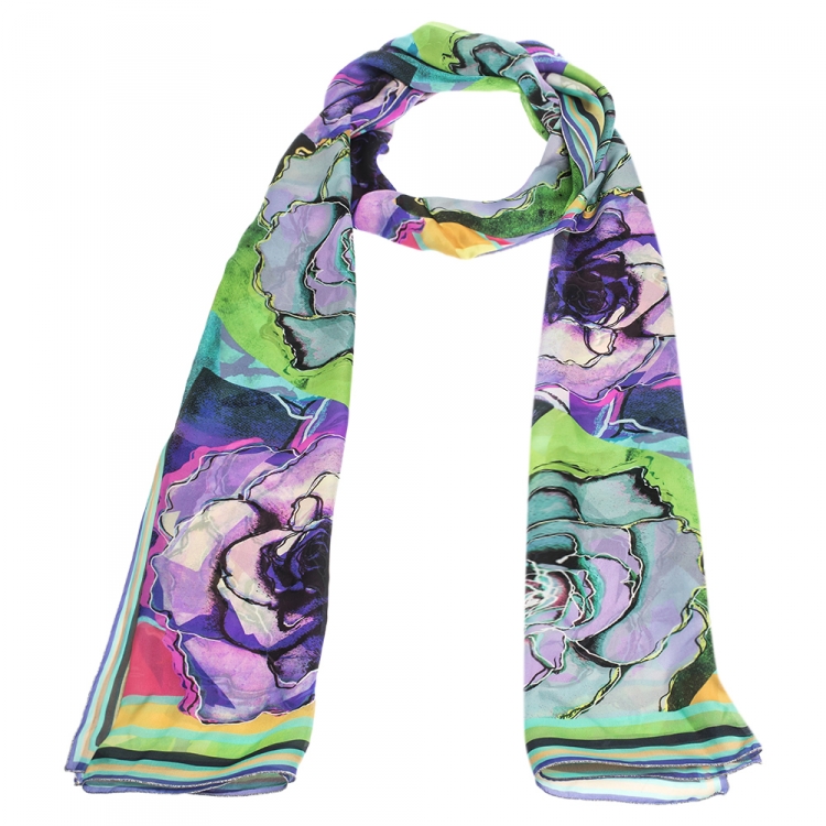 Pre Owned Roberto Cavalli Multicolor Floral Print Silk Scarf
