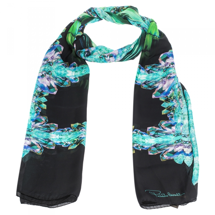 Pre Owned Roberto Cavalli Black Crystal Print Silk Scarf