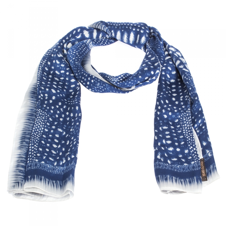 Pre Owned Roberto Cavalli Blue & White Abstract Print Silk Scarf