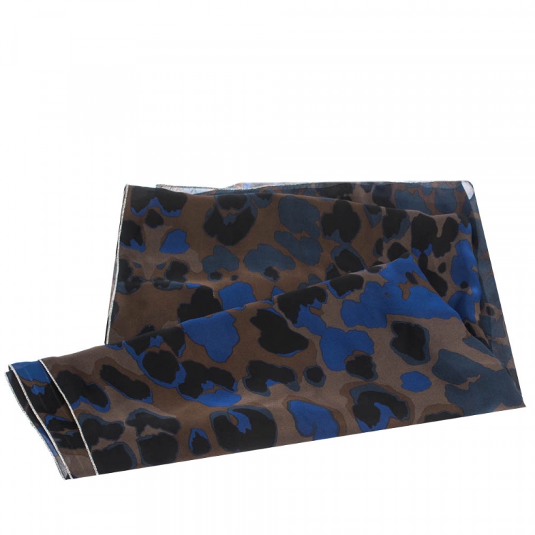 Pre Owned Roberto Cavalli Blue Camouflage Print Silk Scarf 
