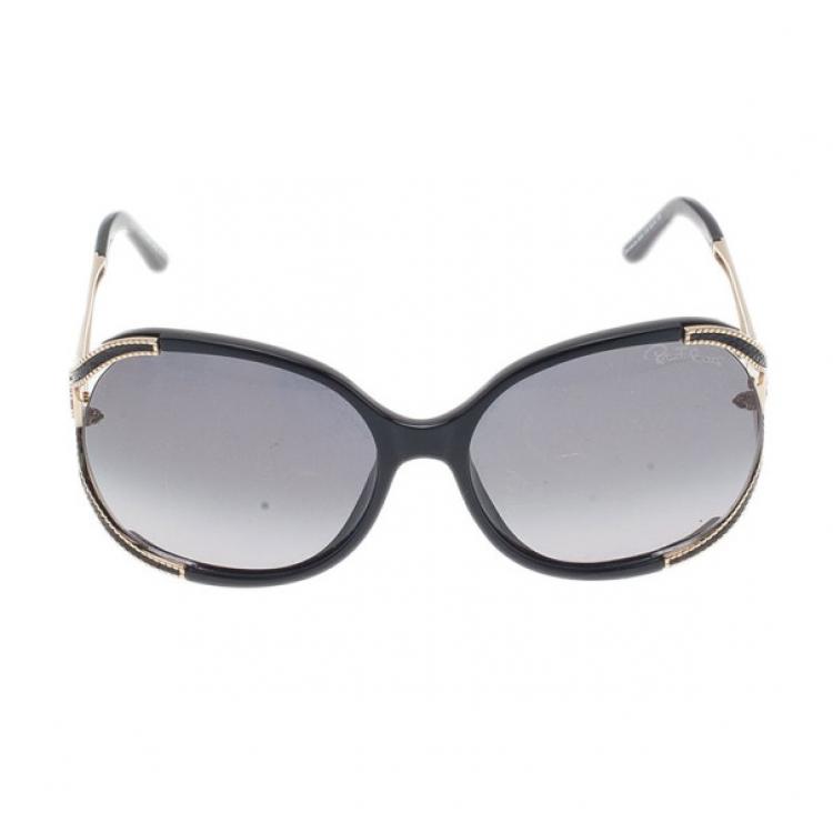 Pre Owned Roberto Cavalli Black and Gold Clerodendro Round Oversized Sunglasses