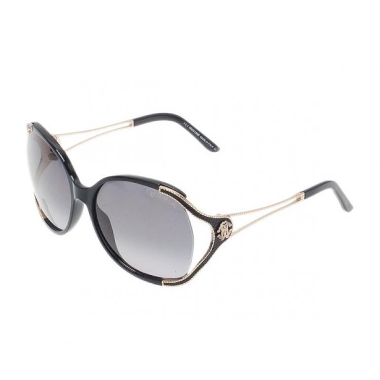 Pre Owned Roberto Cavalli Black and Gold Clerodendro Round Oversized Sunglasses