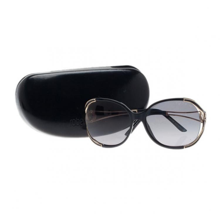 Pre Owned Roberto Cavalli Black and Gold Clerodendro Round Oversized Sunglasses