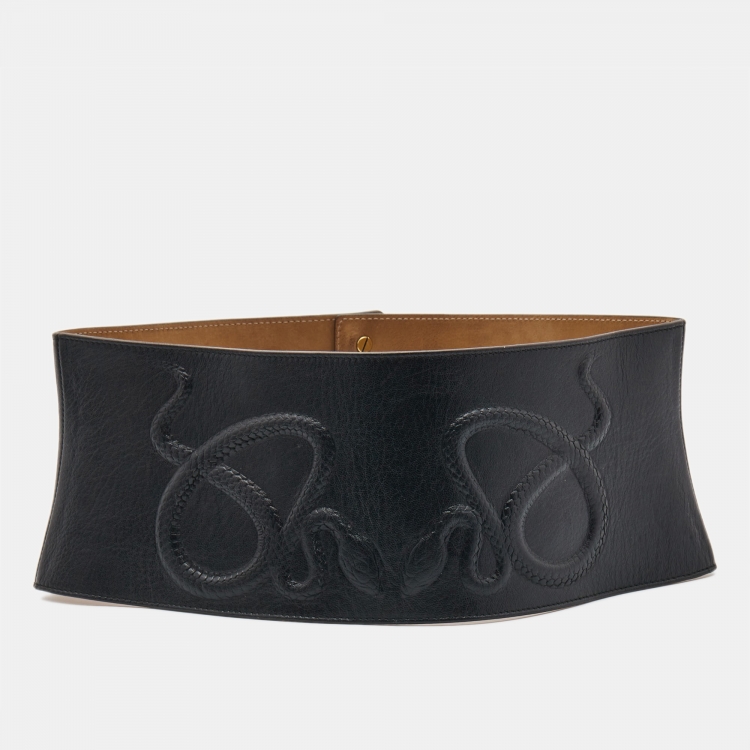 Pre Owned Roberto Cavalli Black Snake Embossed Leather Wide Waist Belt 70CM