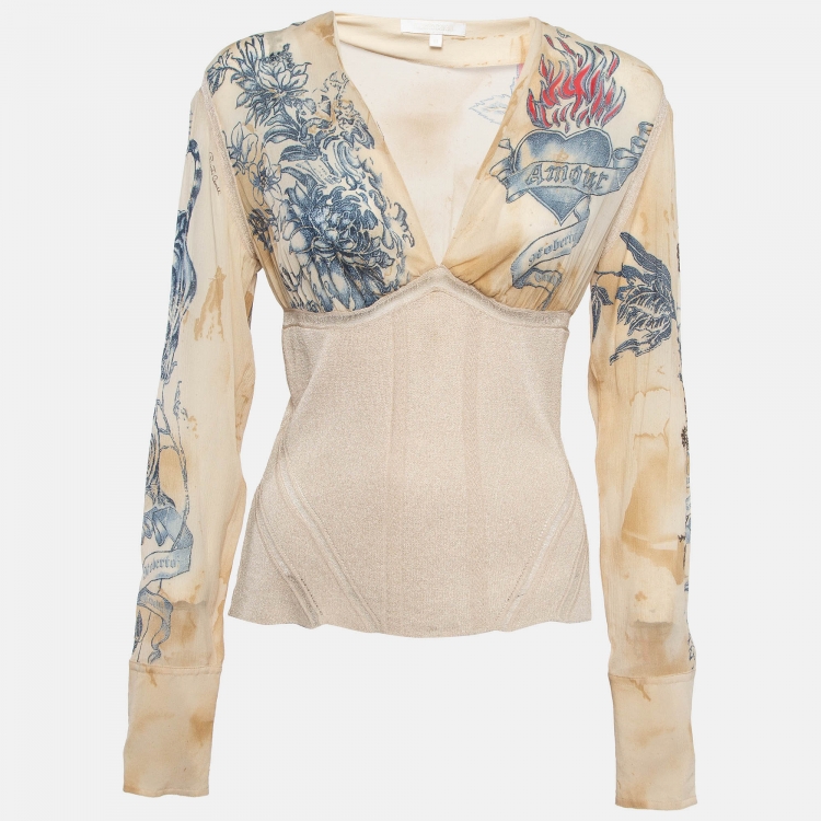 Pre Owned Roberto Cavalli Beige Printed Silk and Knit Blouse M