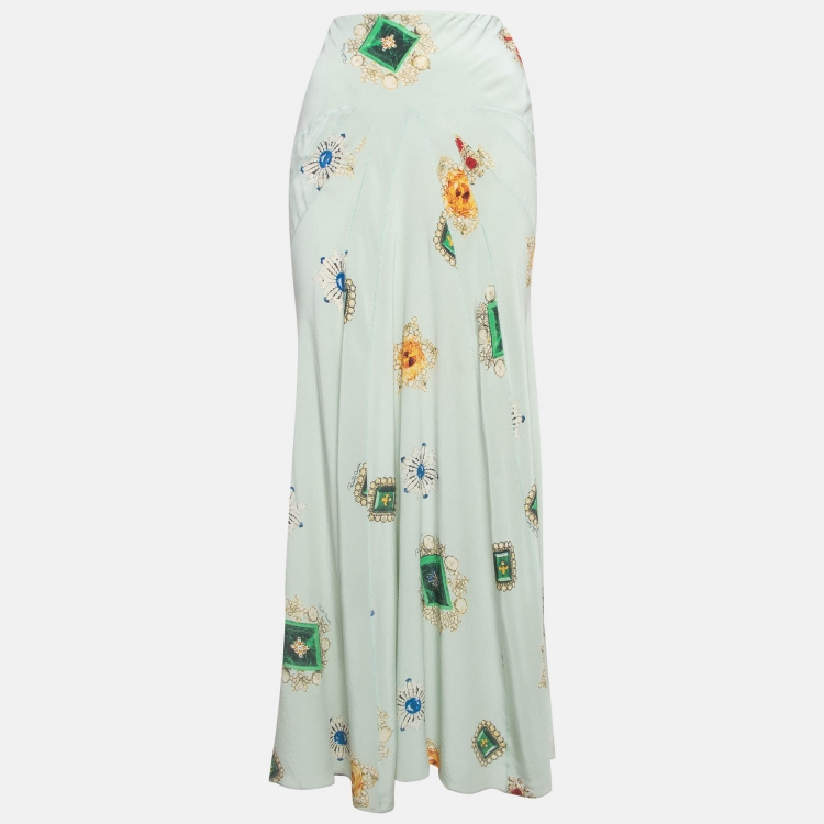 Pre Owned Roberto Cavalli Blue Glitter Printed Silk Flared Maxi Skirt M