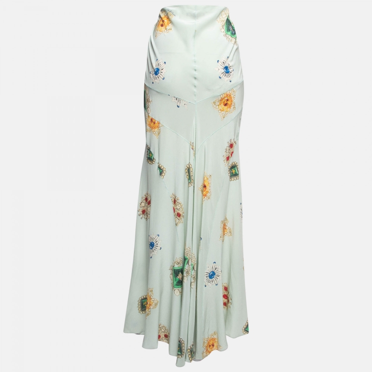 Pre Owned Roberto Cavalli Blue Glitter Printed Silk Flared Maxi Skirt M