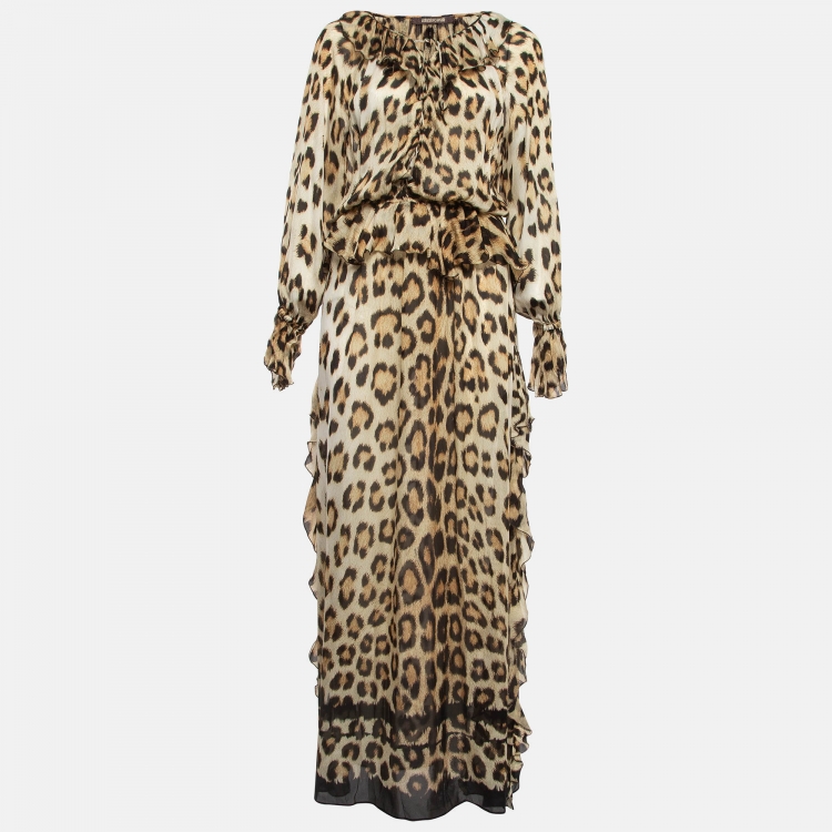 Pre Owned Roberto Cavalli Brown Leopard Print Silk Ruffled Maxi Dress M