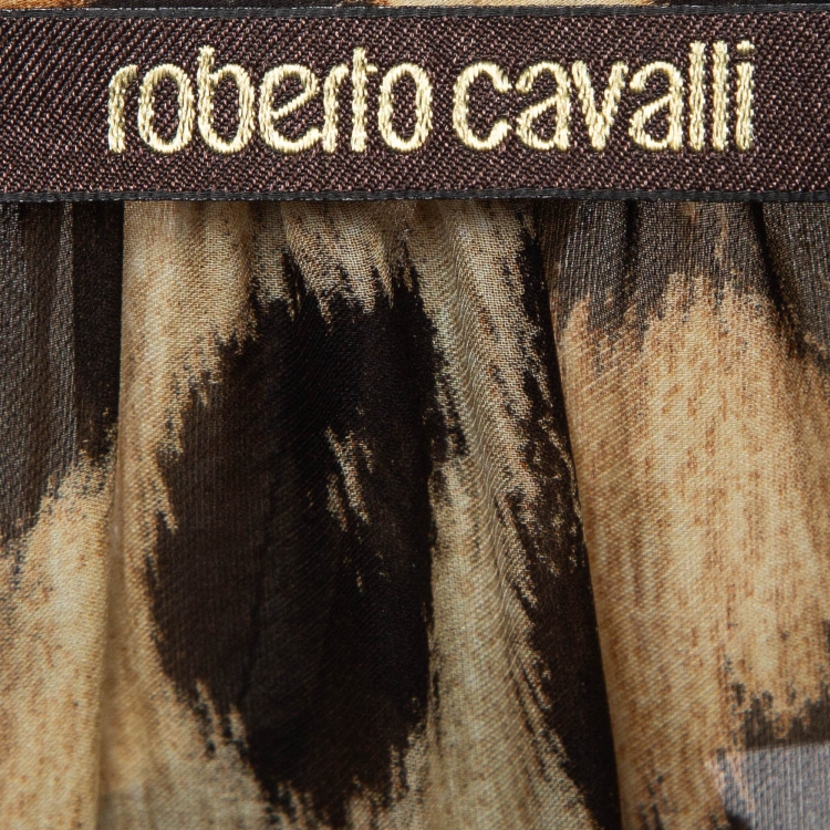 Pre Owned Roberto Cavalli Brown Leopard Print Silk Ruffled Maxi Dress M