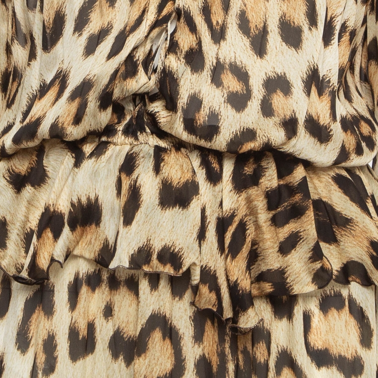 Pre Owned Roberto Cavalli Brown Leopard Print Silk Ruffled Maxi Dress M