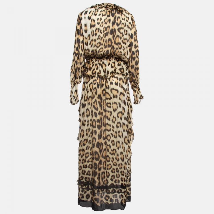 Pre Owned Roberto Cavalli Brown Leopard Print Silk Ruffled Maxi Dress M