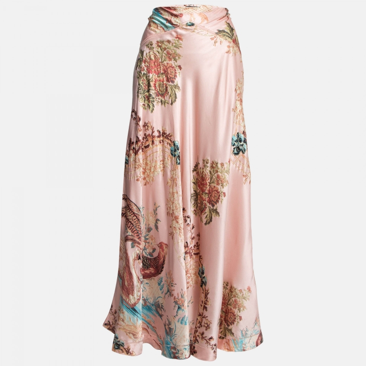 Pre Owned Roberto Cavalli Pink Floral Print Satin Silk Flared Maxi Skirt L
