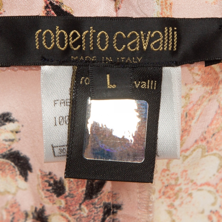Pre Owned Roberto Cavalli Pink Floral Print Satin Silk Flared Maxi Skirt L
