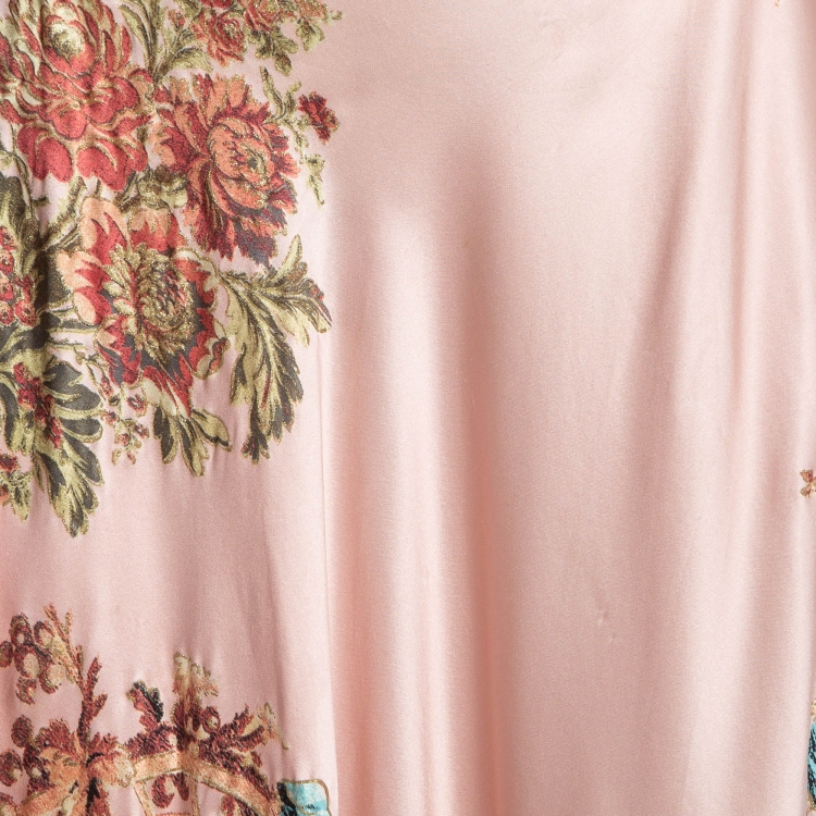 Pre Owned Roberto Cavalli Pink Floral Print Satin Silk Flared Maxi Skirt L