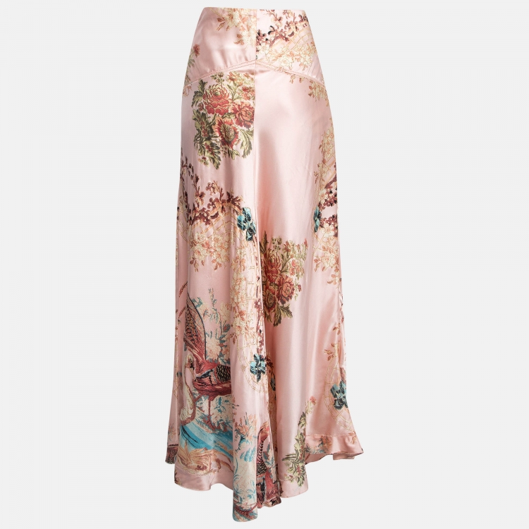 Pre Owned Roberto Cavalli Pink Floral Print Satin Silk Flared Maxi Skirt L