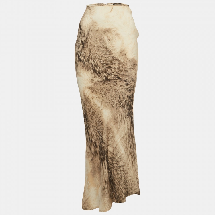 Pre Owned Roberto Cavalli Vintage Brown Printed Silk Maxi Skirt M