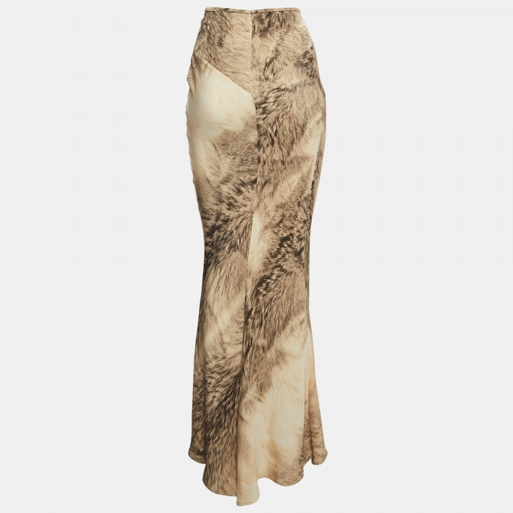 Pre Owned Roberto Cavalli Vintage Brown Printed Silk Maxi Skirt M