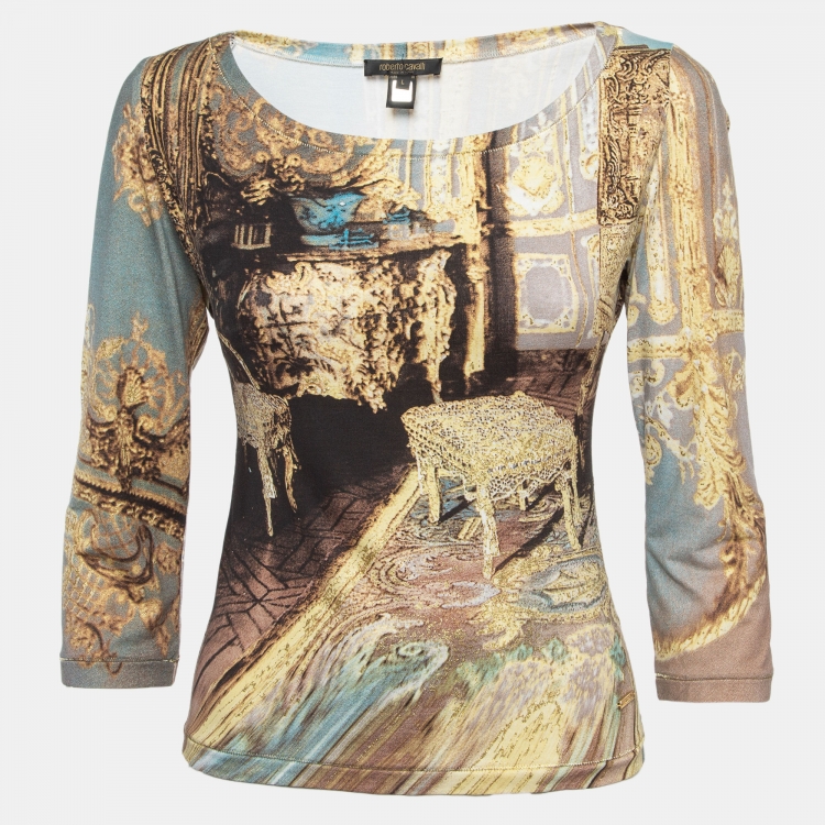 Pre Owned Roberto Cavalli Brown Glitter Print Jersey Top L
