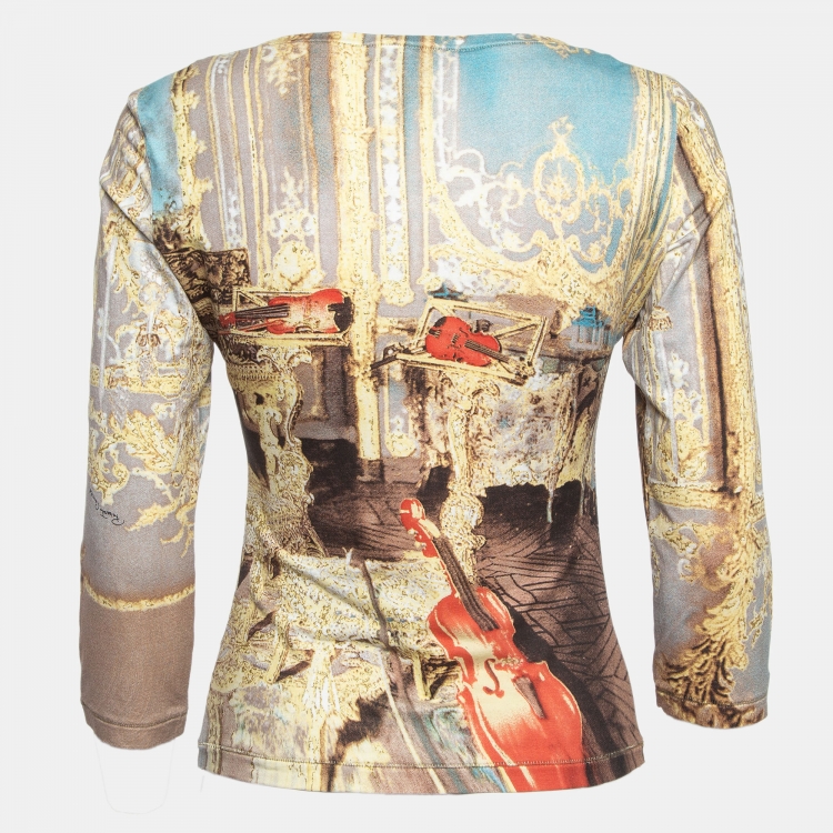 Pre Owned Roberto Cavalli Brown Glitter Print Jersey Top L