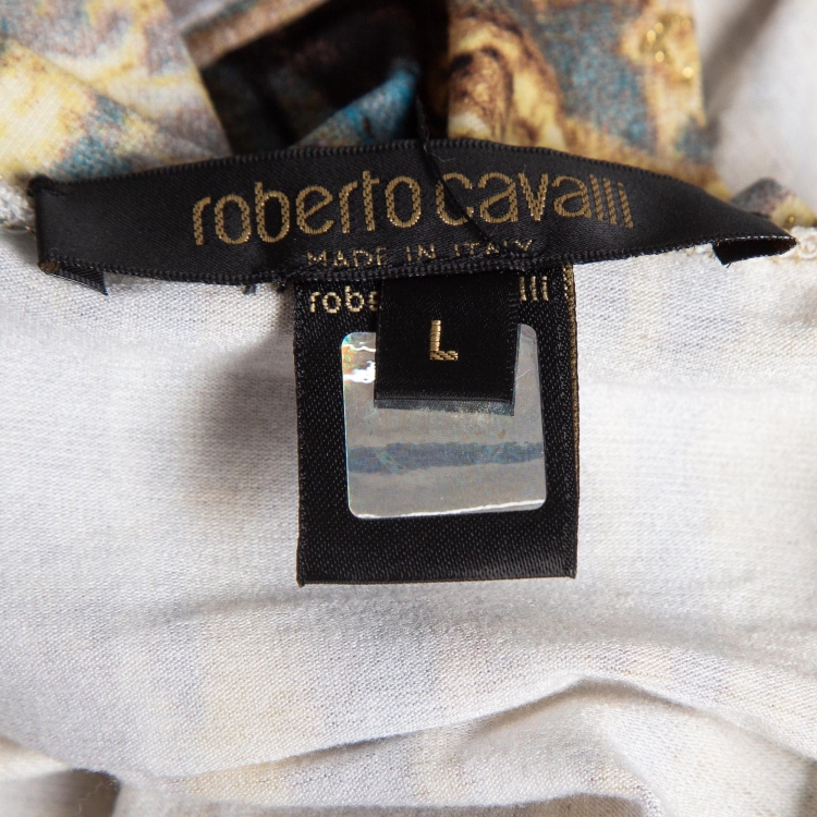 Pre Owned Roberto Cavalli Brown Glitter Print Jersey Top L