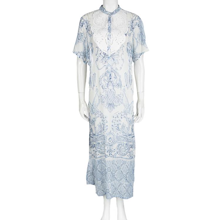 Pre Owned Roberto Cavalli White Floral Printed Silk Embellished Sheer Maxi Dress S  