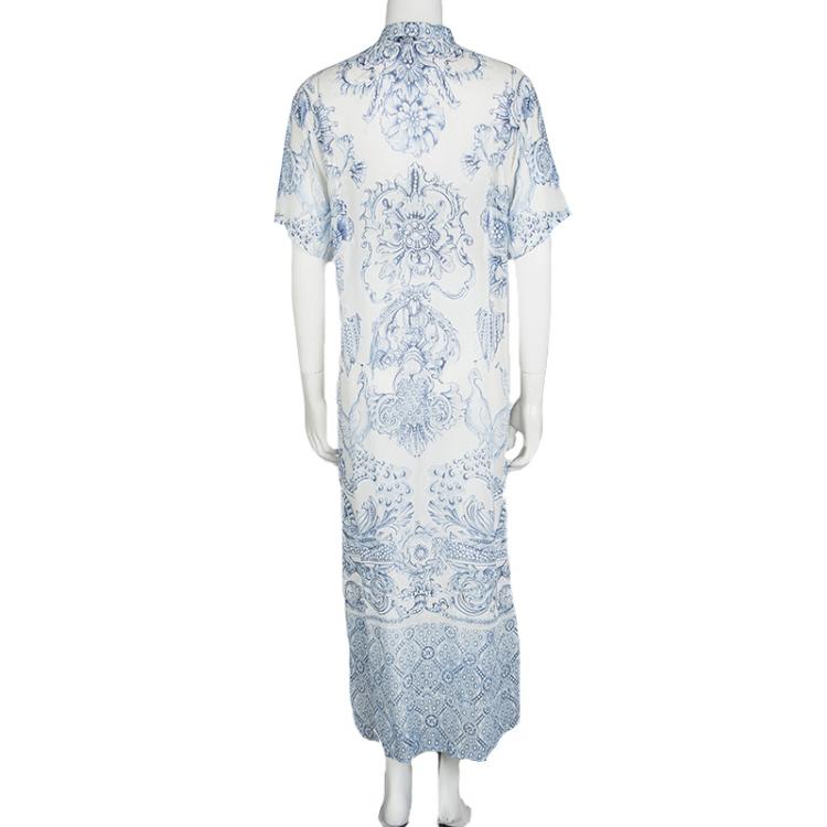 Pre Owned Roberto Cavalli White Floral Printed Silk Embellished Sheer Maxi Dress S  