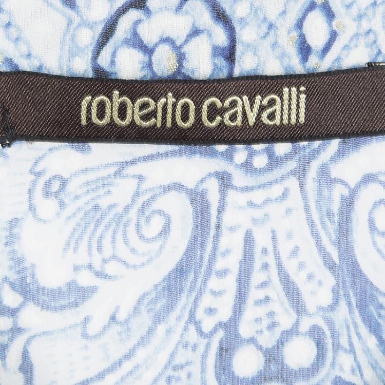Pre Owned Roberto Cavalli White Floral Printed Silk Embellished Sheer Maxi Dress S  