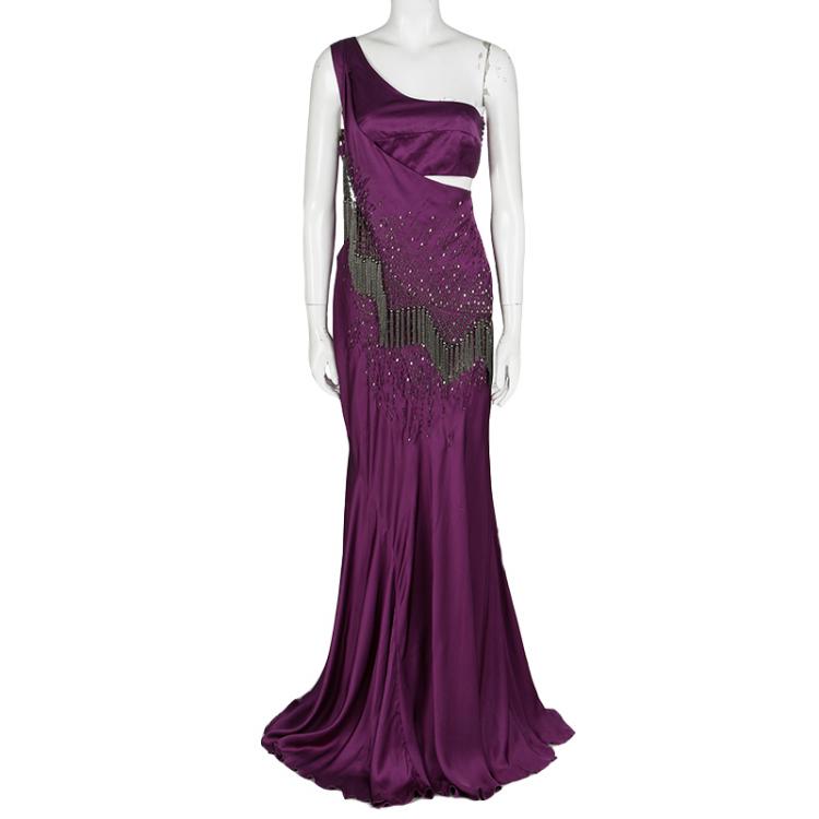 Pre Owned Roberto Cavalli Purple Embellished Silk One Shoulder Cutout Waist Detail Gown M