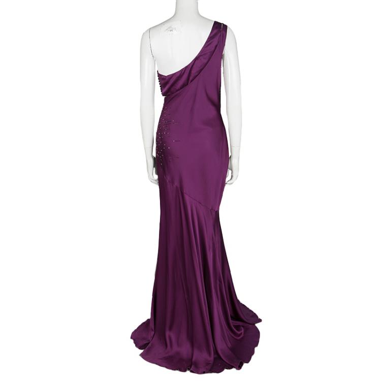 Pre Owned Roberto Cavalli Purple Embellished Silk One Shoulder Cutout Waist Detail Gown M
