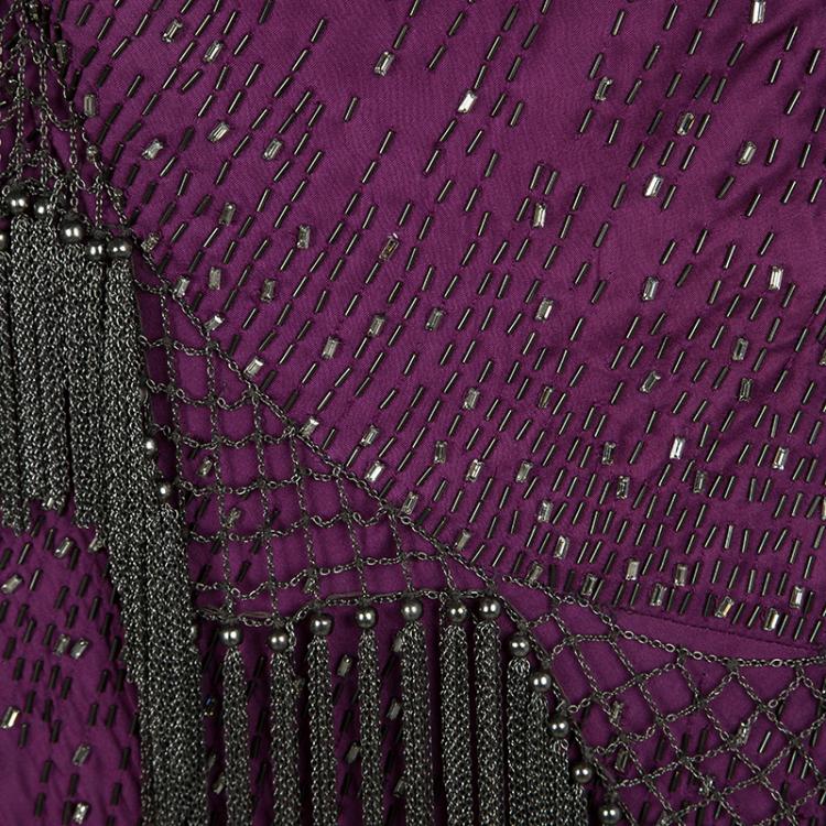 Pre Owned Roberto Cavalli Purple Embellished Silk One Shoulder Cutout Waist Detail Gown M