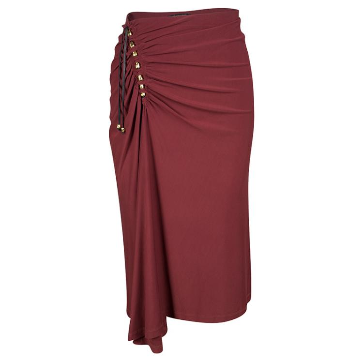 Pre Owned Roberto Cavalli Burnt Red Ruched Bead Detail Draped Skirt M