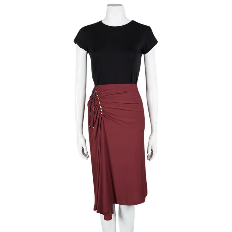 Pre Owned Roberto Cavalli Burnt Red Ruched Bead Detail Draped Skirt M