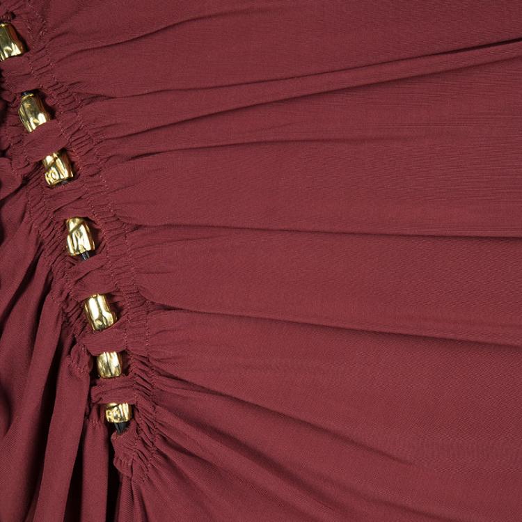 Pre Owned Roberto Cavalli Burnt Red Ruched Bead Detail Draped Skirt M