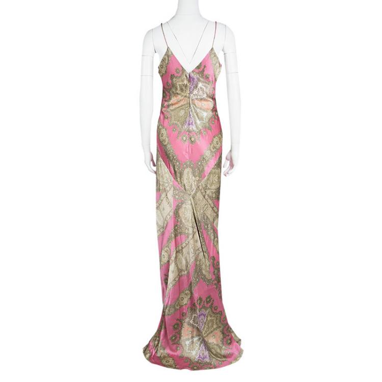 Pre Owned Roberto Cavalli Pink Printed Silk Tie Detail Sleeveless Maxi Dress M