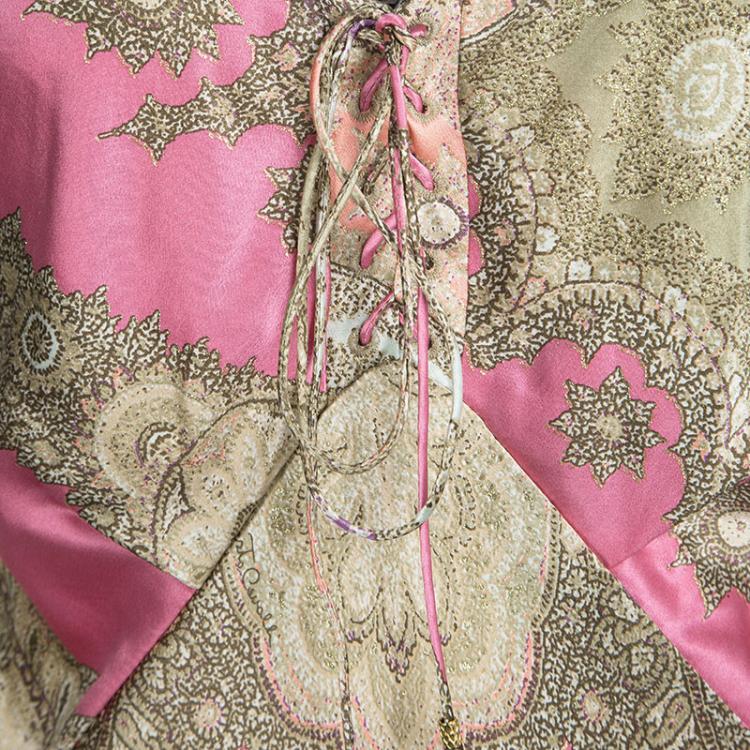 Pre Owned Roberto Cavalli Pink Printed Silk Tie Detail Sleeveless Maxi Dress M