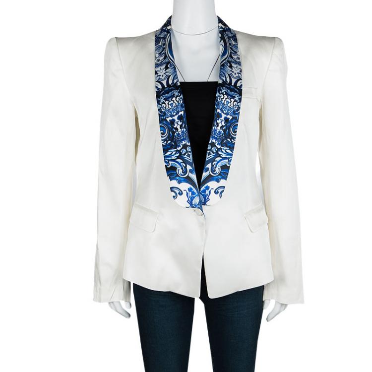 Pre Owned Roberto Cavalli White Satin Contrast Lapel Blazer L