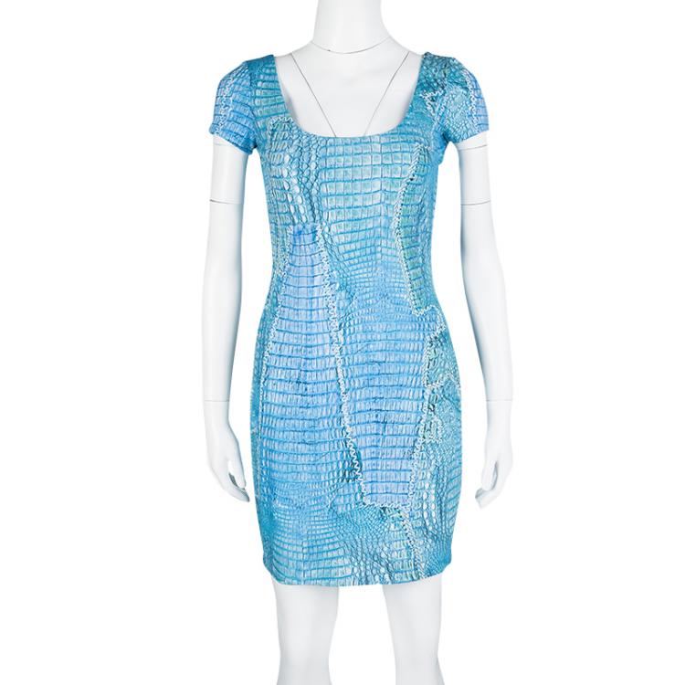 Pre Owned Roberto Cavalli Blue Printed Knit Tassel Tie Back Detail Mini Dress M