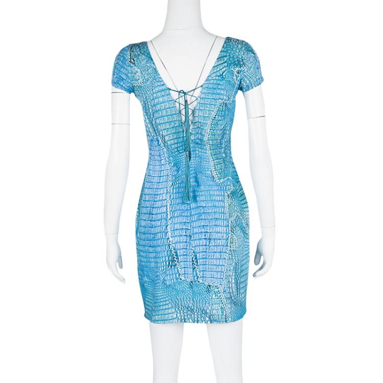 Pre Owned Roberto Cavalli Blue Printed Knit Tassel Tie Back Detail Mini Dress M