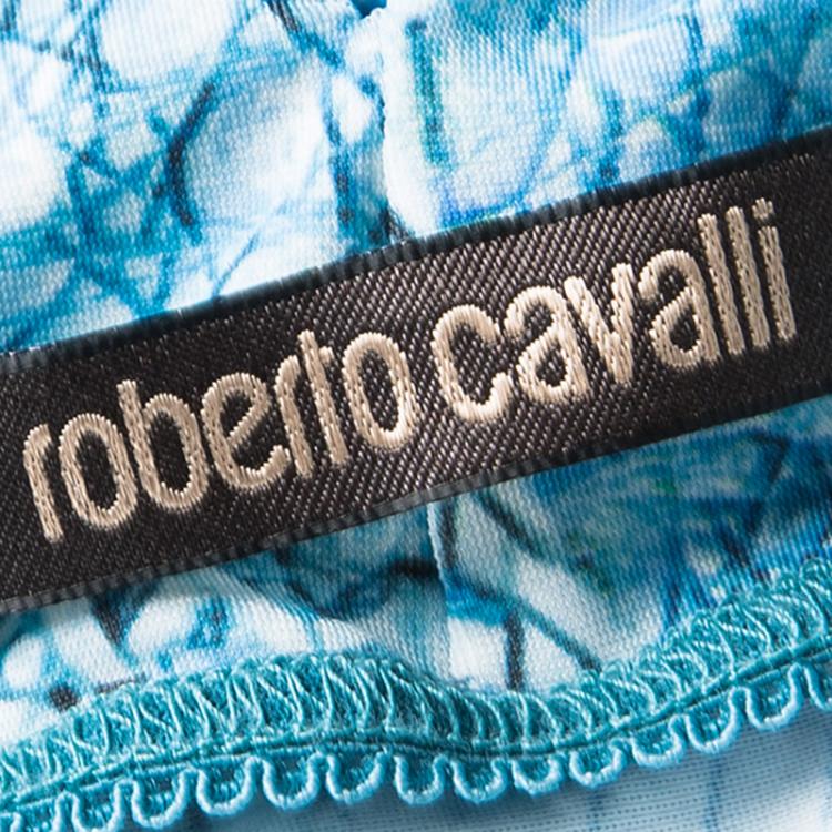 Pre Owned Roberto Cavalli Blue Printed Knit Tassel Tie Back Detail Mini Dress M
