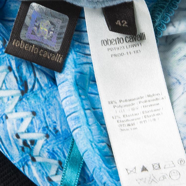 Pre Owned Roberto Cavalli Blue Printed Knit Tassel Tie Back Detail Mini Dress M