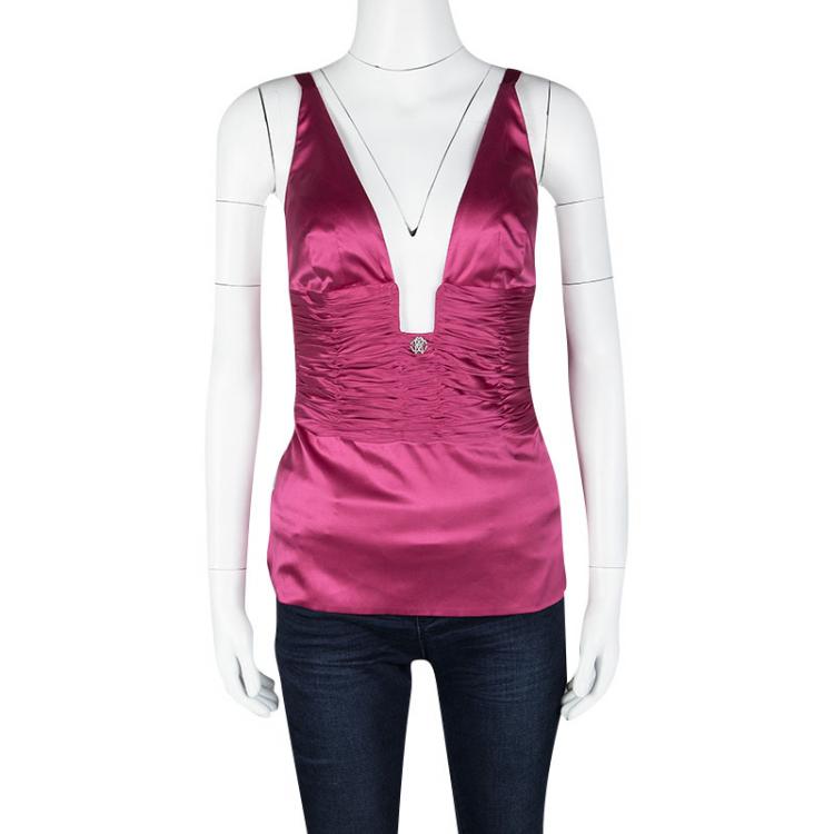 Pre Owned Roberto Cavalli Fuschia Ruched Sleeveless Silk Top S