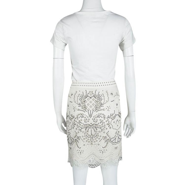 Pre Owned Roberto Cavalli Off White Eyelet Lace Scallop Hem Detail Embellished Skirt S