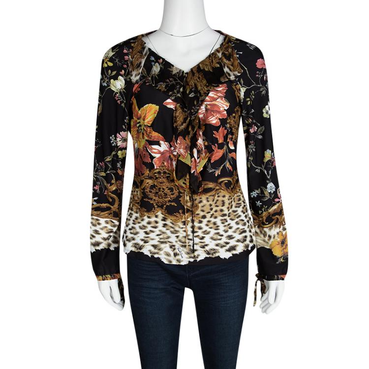 Pre Owned Roberto Cavalli Multicolor Printed Ruffle Detail Long Sleeve Top S