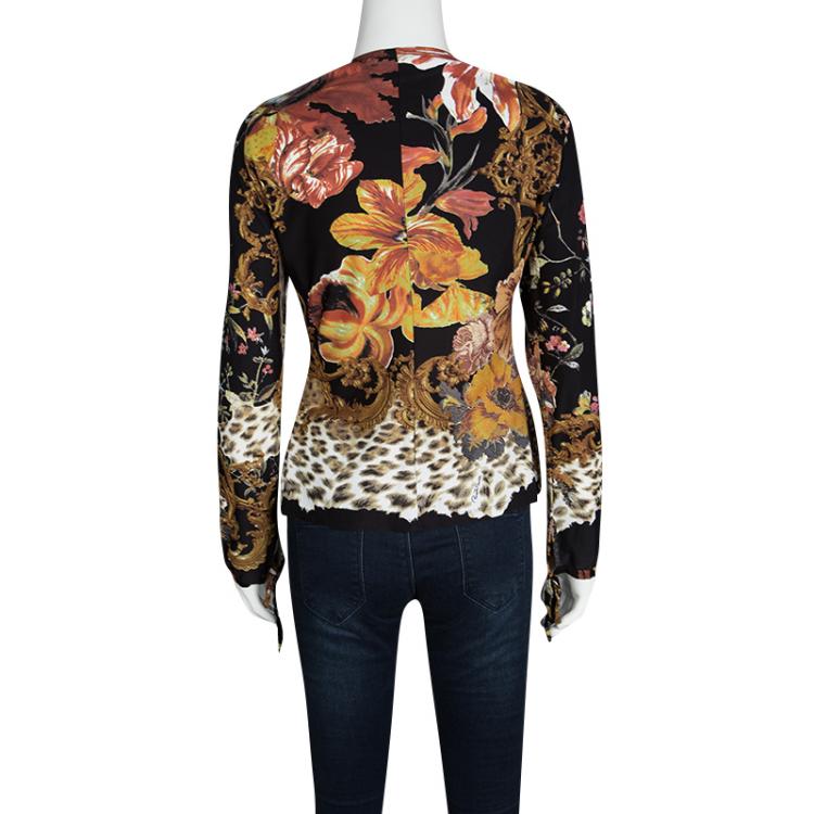 Pre Owned Roberto Cavalli Multicolor Printed Ruffle Detail Long Sleeve Top S
