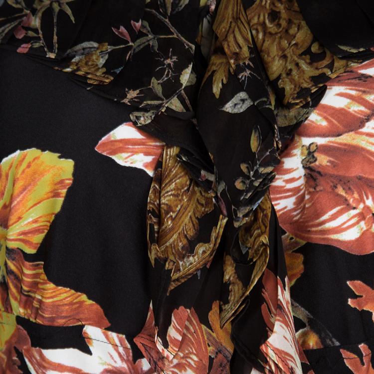 Pre Owned Roberto Cavalli Multicolor Printed Ruffle Detail Long Sleeve Top S
