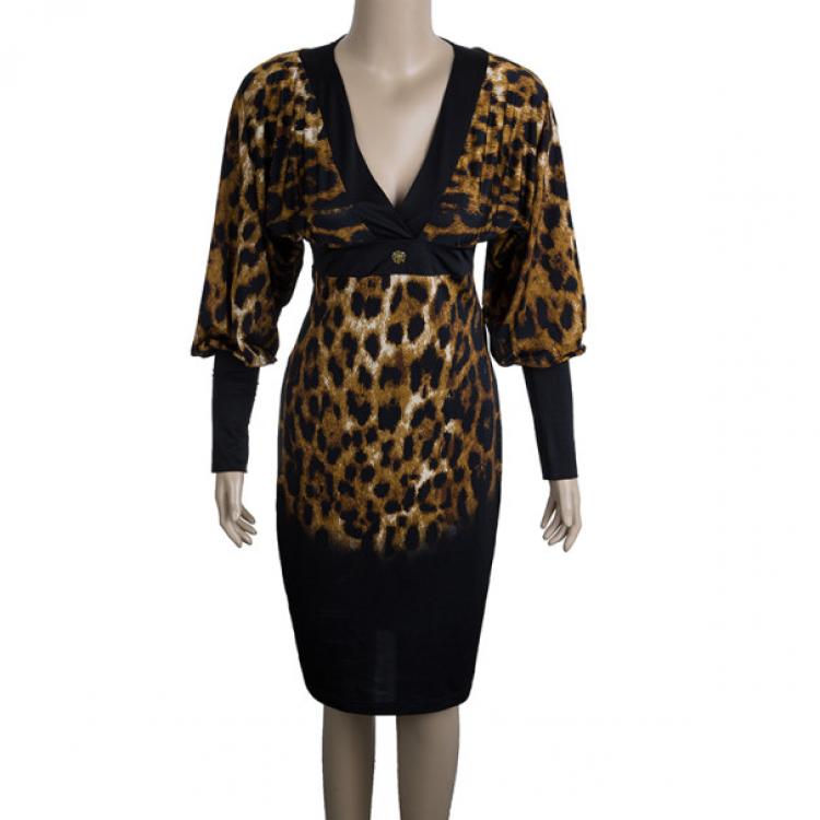 Pre Owned Roberto Cavalli Black Leopard Print Dress S